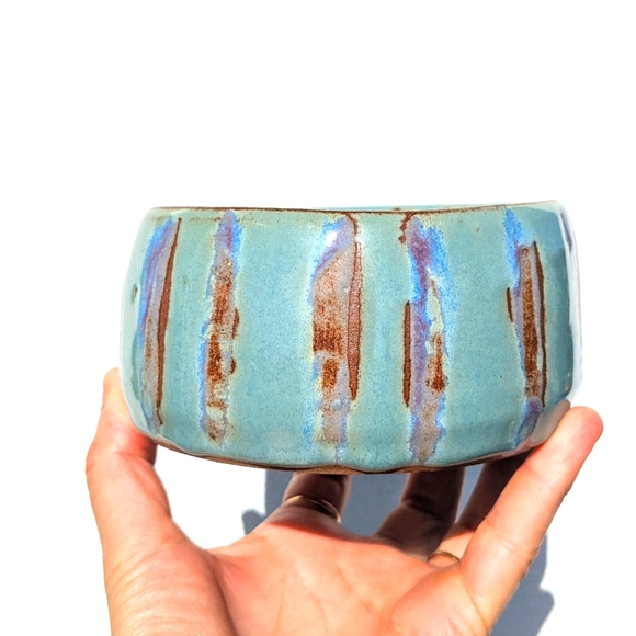 Vintage Ceramic Planter 4.5" Diameter - Teal Blue & Brown - Picture 1 of 3